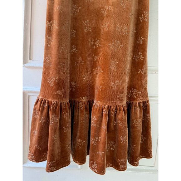 Lait Collection Velvet Dress Size XL Rust Floral Puff Sleeve Ruffle Hem Retro - Picture 13 of 17